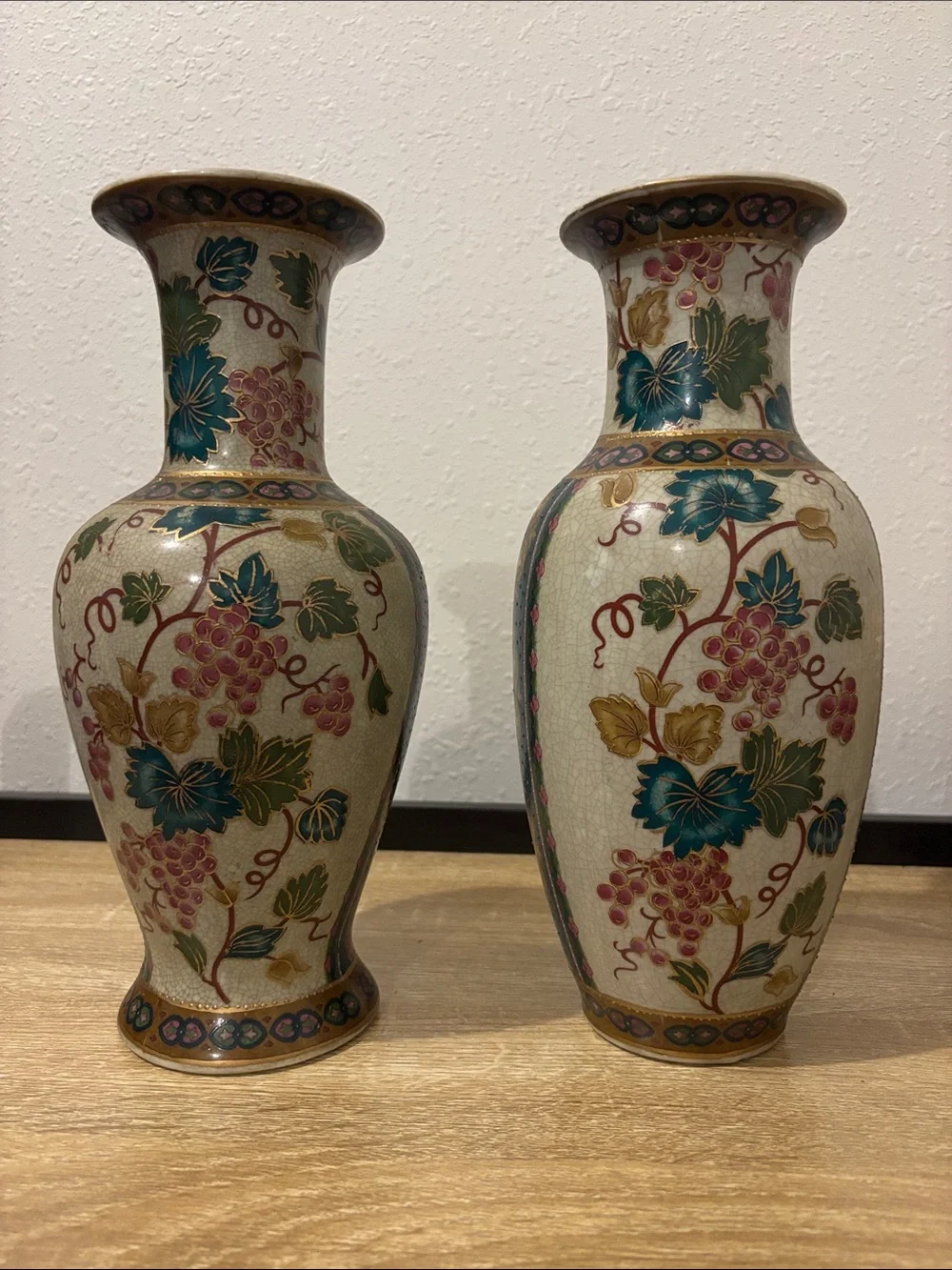 Decorative Floral Grape Porcelain Vases - Pair, Cream with Teal and Burgundy